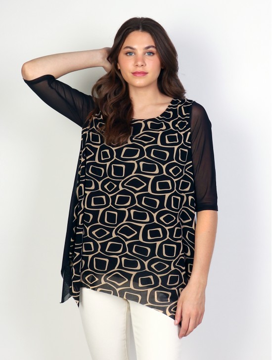 Mesh Short Sleeved Top with Abstract patterns